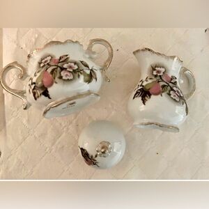 Lefton China Green and Red pears creamer and sugar bowl. Vintage